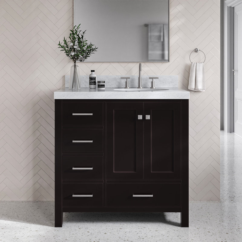 Ariel Cambridge 36 In. Right Offset Vanity With 2 In. Carrara Marble Countertop, Brushed Nickel, Espresso