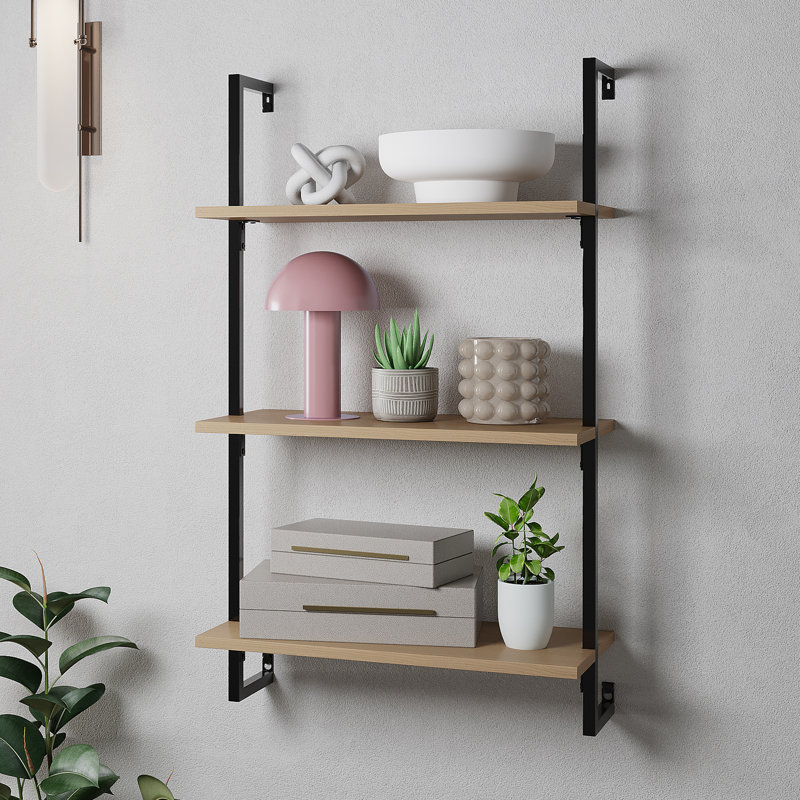 Honoria Classic Industrial 3-Shelf Wood Wall-Mounted Open Ladder Bookcase with Metal Frame, Light Oak/Black