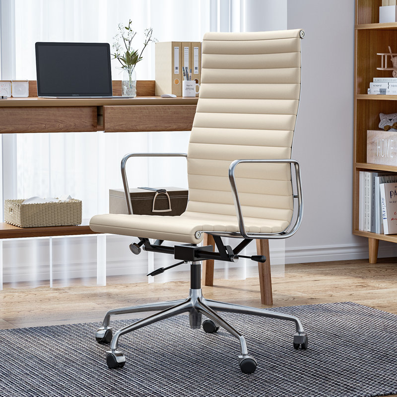 Genuine Leather Office Chair with Aluminum Frame and Base, Swivel Conference Room Chair, Cream