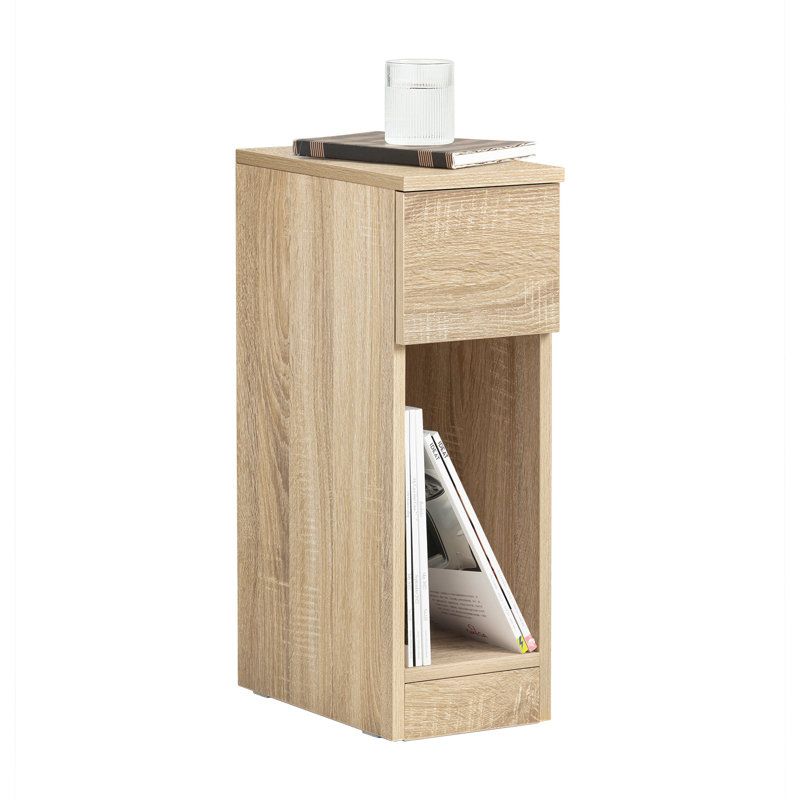 Narrow Nightstand with Sliding Drawer, Small Space Bedside Table End Table, Storage Cabinet for Living Room Sofa, Open Shelf, Natural