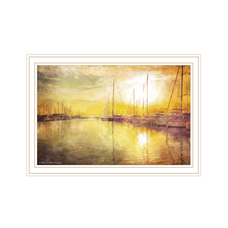 «Yellow Sunset Bateaux In Marina», impression murale encadrée