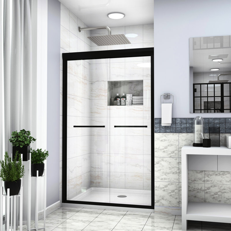 Porte de douche 48 po x 76 po noir mat - Élégante double porte coulissante avec verre trempé et profils muraux réglables en noir, options de fonctions réglables de luxe