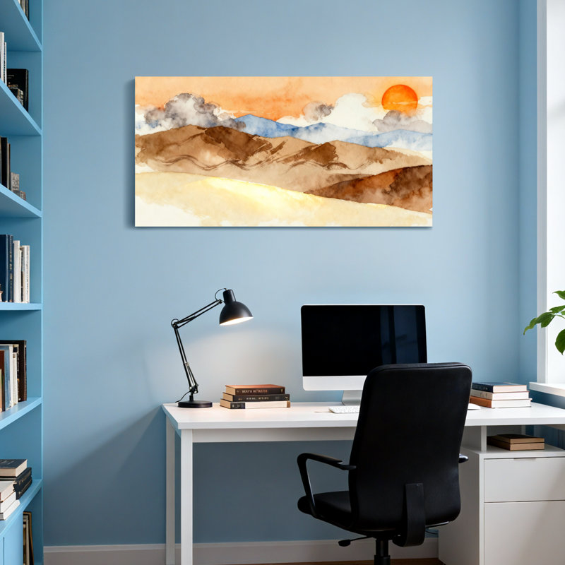 Paysage, paysage de montagne, coucher de soleil, ciel, nuages, aquarelle, H 16 po x l 32 po