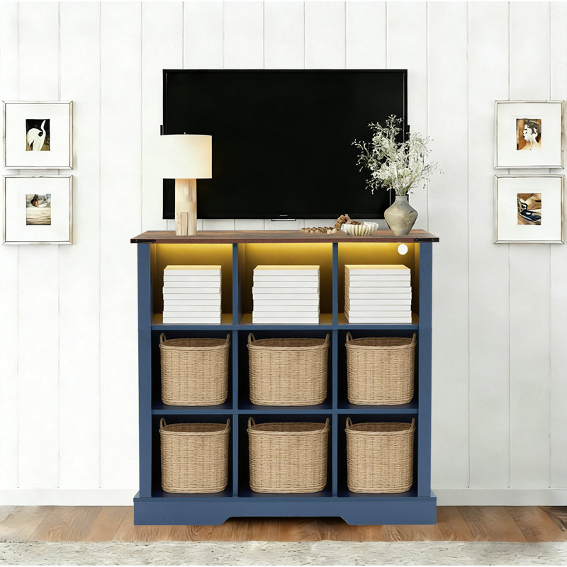 9-Cube LED Bookshelf - Mid-Century Modern Wood Storage Shelf for Bedroom, Living Room & Office, Blue