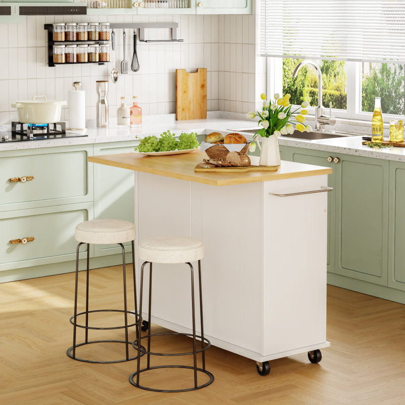 Chariot roulant pour îlot de cuisine avec plateau de boucher - Poste de travail portatif avec tablettes de rangement, roulettes verrouillables