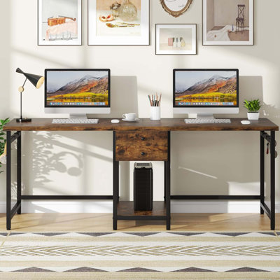 Bureau d'ordinateur 79 pouces pour deux personnes avec tiroirs et tablettes de rangement, table de travail double extra longue avec crochets, bureau d'écriture industriel pour bureau à domicile