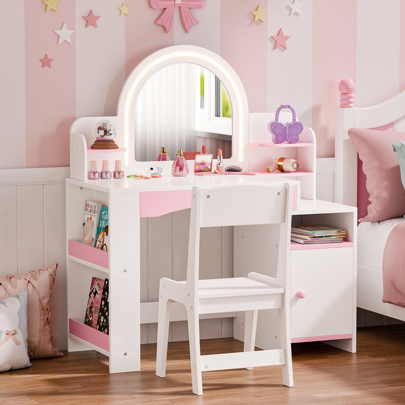2 in 1 Kids Vanity Set With Mirror And Led Lights, White