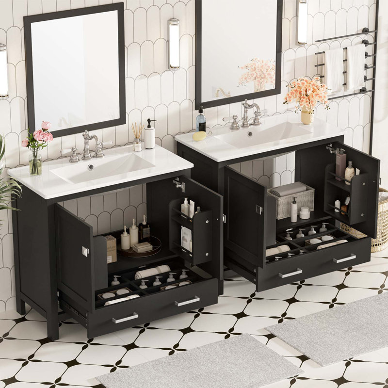 Meuble-lavabo noir 72 po avec lavabo en céramique, portes à fermeture en douceur et beaucoup de rangement - Armoire moderne et élégante pour salles de bain de taille moyenne à grande