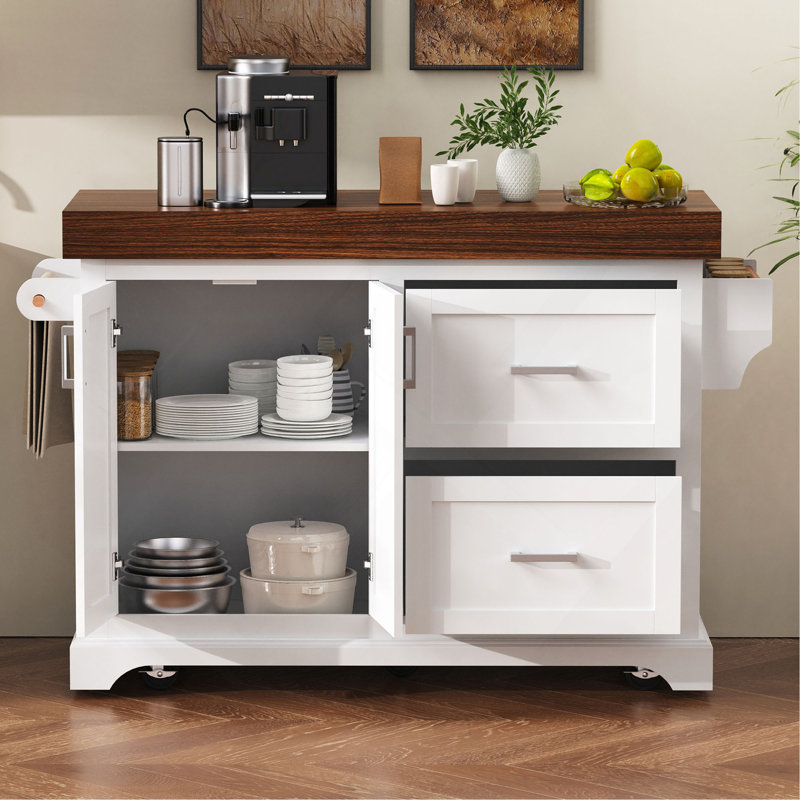 Grand îlot de cuisine de 53 po avec bureau de 3,5 po d'épaisseur, supports à épices et à serviettes, îlot de cuisine roulant avec rangement sur 5 roulettes, 2 très grands tiroirs, pour la maison, la cuisine, la salle à manger