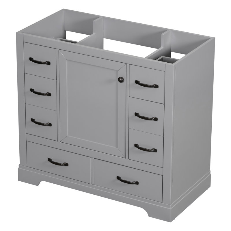 Base d'armoire de salle de bain grise, 6 tiroirs, tablette multifonctionnelle, meuble-lavabo en bois massif de 36 po, finition, réglable