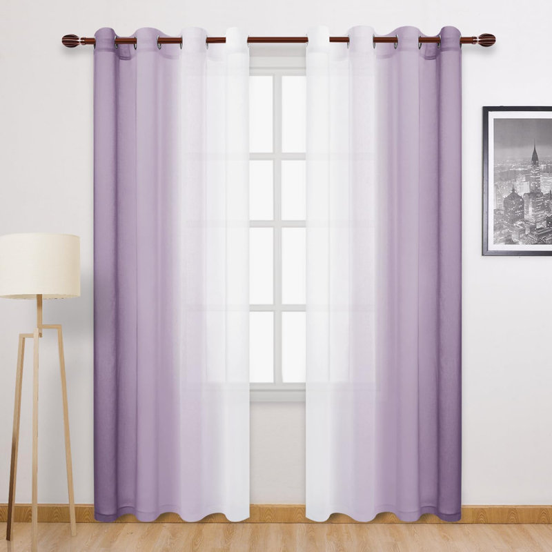 2 Panels Ombre Sheer Curtains Faux Linen Semi Voile Gradient Farmhouse Style Curtains, Grommet Top Window Drape Panels for Bedroom and Living Room