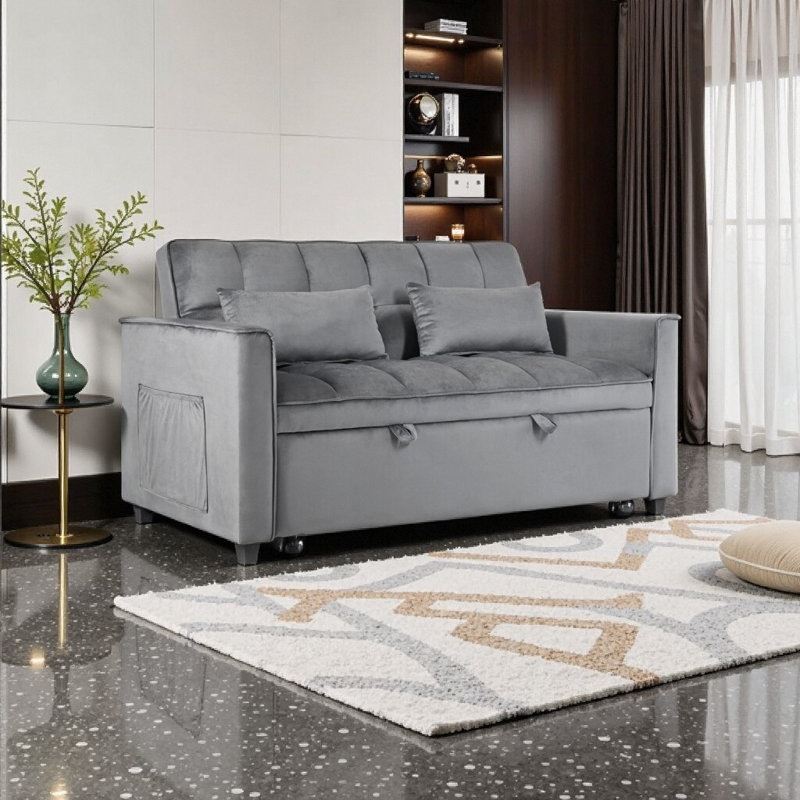 3-in-1 Convertible Sofa Bed With Reclining Backrest, Pull-out Couch With Pillows, Light Gray Velvet