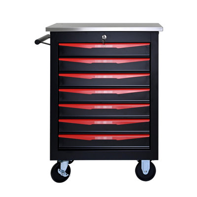 Chariot d'atelier en métal avec 7 tiroirs et maniabilité facile - fini noir et rouge flexible