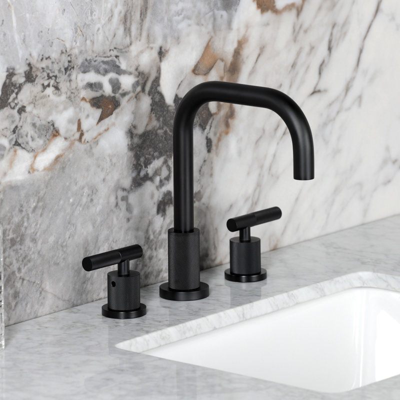 Kingston Brass Convergent Two-Handle 3-Hole Deck Mount Widespread Bathroom Faucet with Knurled Handle and Brass Pop-Up Drain