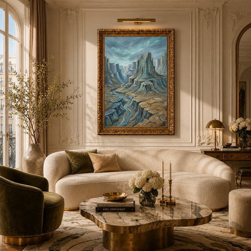 Art mural canevas bleu sarcelle et or avec rivière, H 36 po x l 48 po