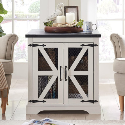 Table de bout de style campagnard carré H 25 po x l 24 po avec station de charge, tablette de rangement réglable et portes de grange