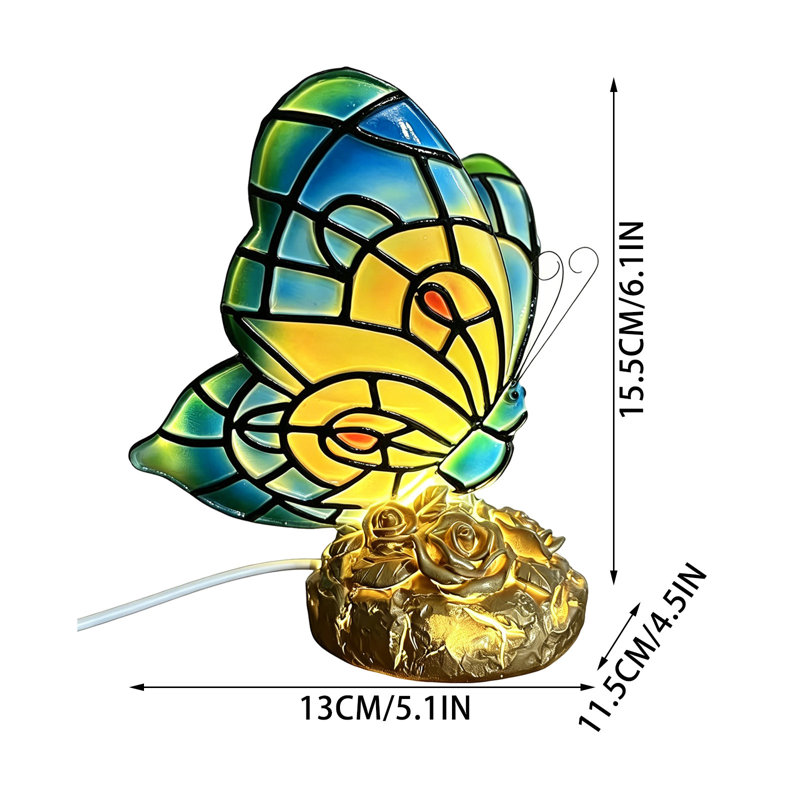 Lampe de table papillons en verre teinté avec base en résine et veilleuse de chevet rétro