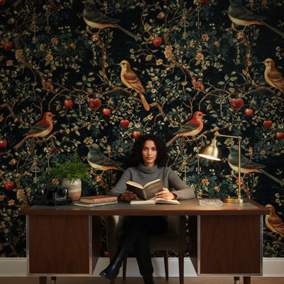 Papier peint rétro à motif floral oiseaux