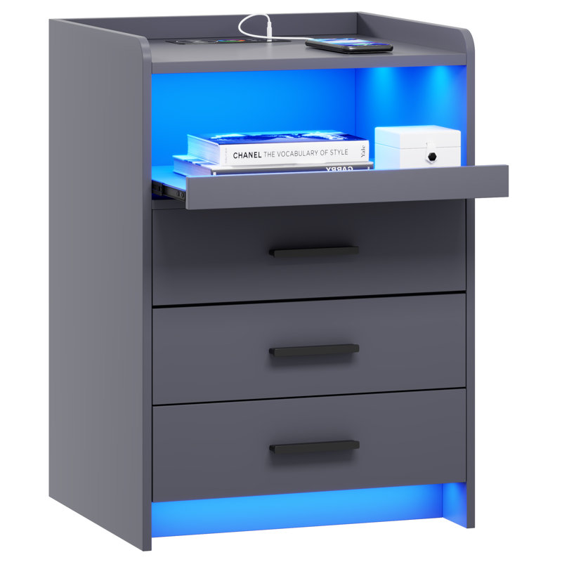 3 Drawers Bedside Table with Charging Station and Led Lights, Grey