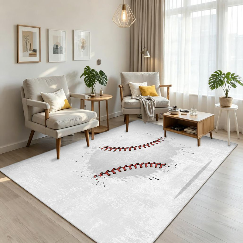 White Abstract Baseball Ball Grunge Style Banner Black Color Game Machine Washable Indoor Area Rug, Rectangle 71" x 98"