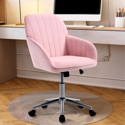 Chaise de bureau réglable avec coussin de velours ergonomique, doux et luxueux, base argentée, rose, hauteur de 37,73 po, pour chaise de chambre à coucher pivotante, velours, largeur de 22,26 po, réduit la fatigue en position assise