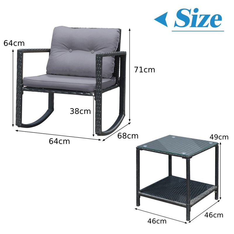 3 Pcs Outdoor Rocking Bistro Set PE Rattan Rocking Chair Set W/Cushion, Grey