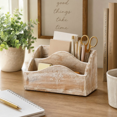 White Wash Wooden Desk Organizer | Hand Carved Mango Wood Office Desk Organizer with Compartments | 12.3x4.5x7.5"