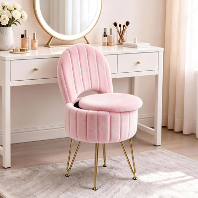 Petit tabouret de coiffeuse avec rangement, dossier pliant, repose-pieds souple en fausse fourrure, banc de maquillage moderne, pieds en métal, pieds réglables pour le salon, la chambre à coucher, la salle de maquillage, rose