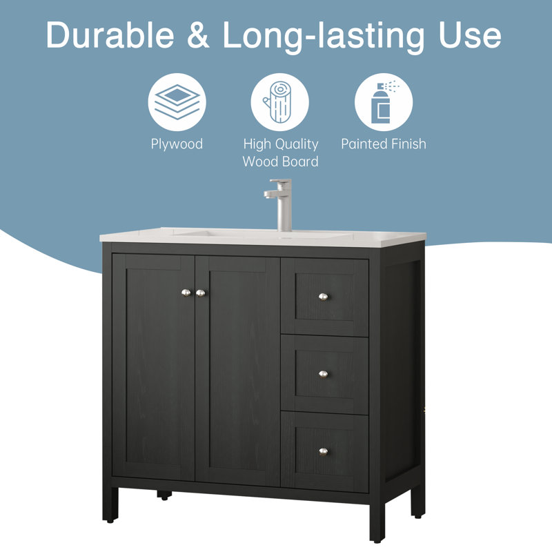 Meuble-lavabo moderne 35,5 po avec lavabo, portes à fermeture douce et 3 tiroirs, noir Munich