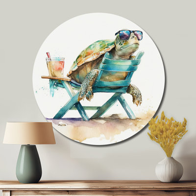 Turtle Laying On A Beach Chair With Sunglasses III - Animals Round Metal Art