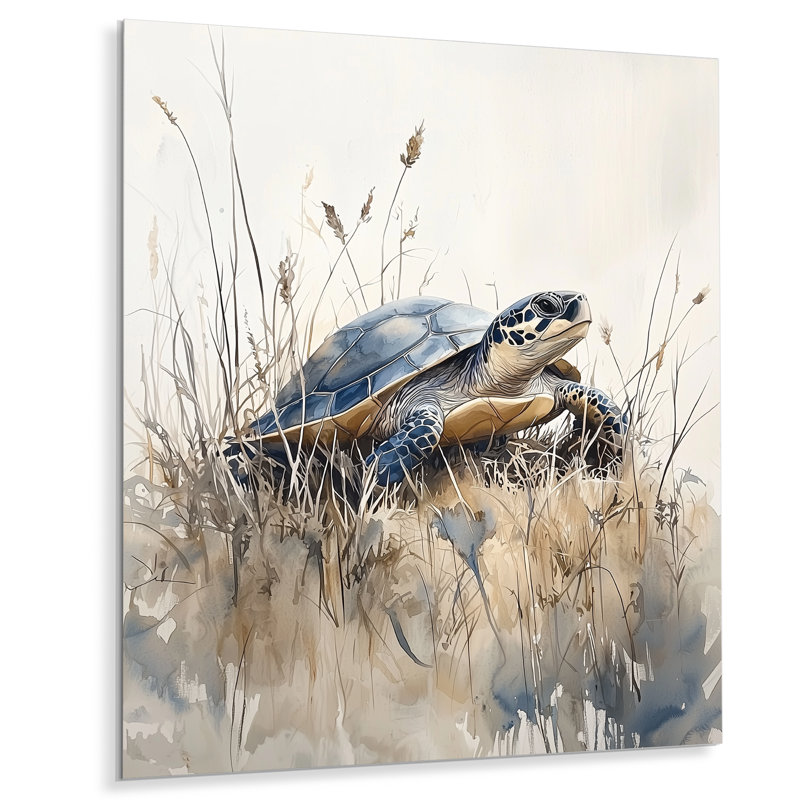 Aquarelle de tortue par la mer II - animaux, impression murale en métal, H 40 po x l 30 po
