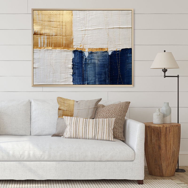 A Touch of Gold and Kings Blue - peinture abstraite, art mural, H 12 po x l 20 po x P 1 po, Cadre naturel flottant