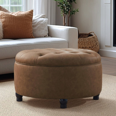 Dimitrika 30'W Faux Leather Tufted Round Storage Ottoman