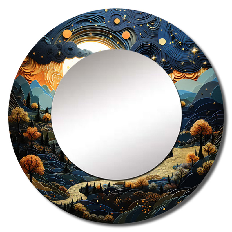 Surréalisme Dreamscapes River II - grand miroir mural, miroir unique moderne, impression sur métal, 36 po x 36 po, Rond