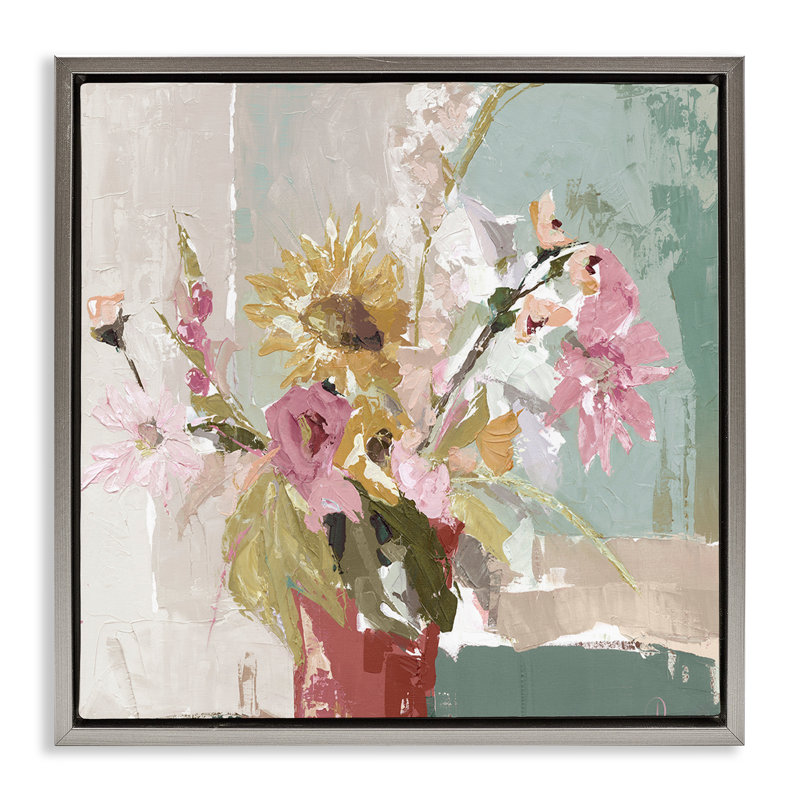 Cadre flottant abstrait avec vase en tournesol mixte, design par Susan Pepe, H 25 po x l 25 po, Cadre flottant gris lustré
