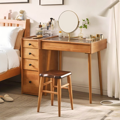 28.74"Solid Wood Rubberwood Flip-Top Vanity with Storage Chest and Makeup Stool