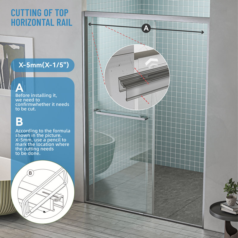 Porte de douche coulissante double semi-sans cadre l 56 à 60 po x H 76 po avec verre trempé transparent de 5/16 po (8 mm)
