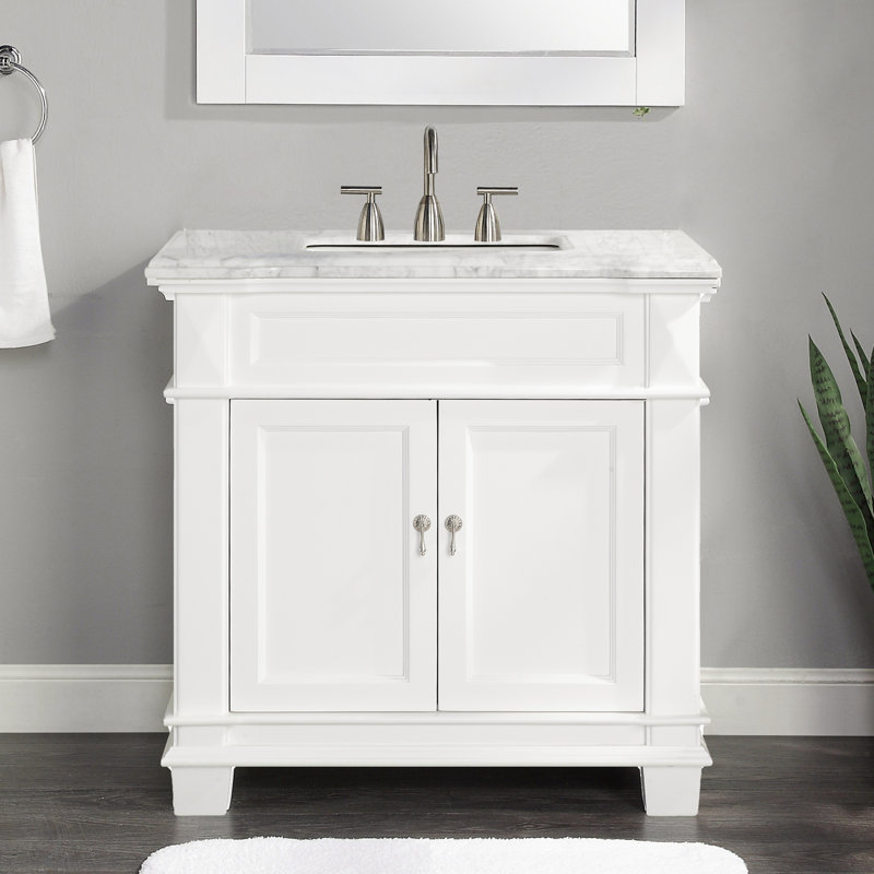 Meuble-lavabo autoportant blanc mat avec plateau en marbre de Carrare l 36 po x 22 po Aiyza, Blanc