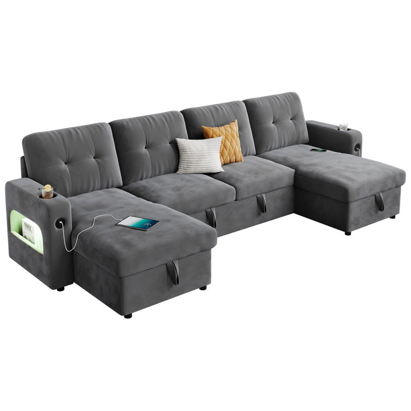  Canapé modulaire avec rangement, canapé-lit modulaire en nuage de 107 po, canapé en tissu de velours en forme de U avec charge USB et porte-gobelet pour salon, appartement, bureau