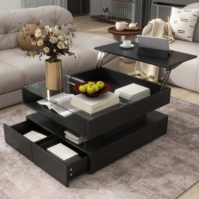 Lift-Top Coffee Table with 2 Drawers, Modern Square Design with Glass Top and High-Gloss Finish, Hidden Storage and LED Lights for Living Room
