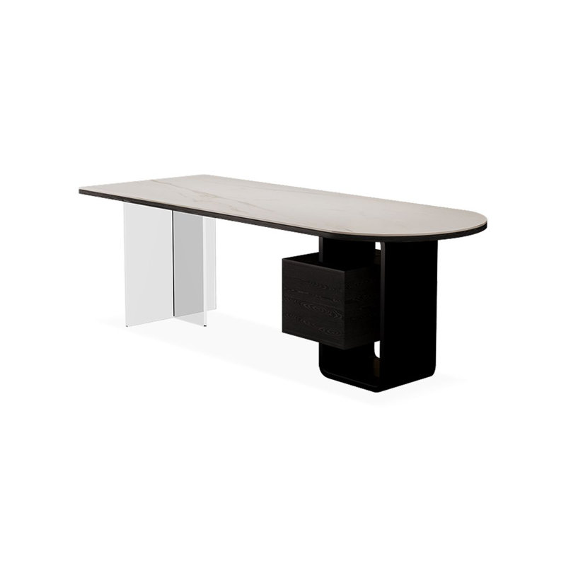 Bureau semi-circulaire noir + blanc + bois manufacturé + acier + acrylique avec 2 tiroirs, Retour à gauche