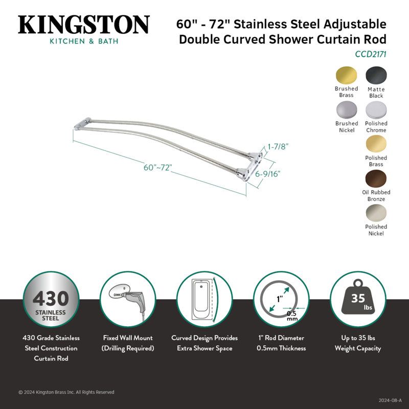 Tringle à rideau de douche double courbée réglable de 60 à 72 pouces Kingston Brass Edenscape, Bronze huilé