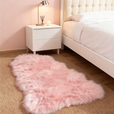 Lush Silky Pink Faux Sheepskin Living Room Rug