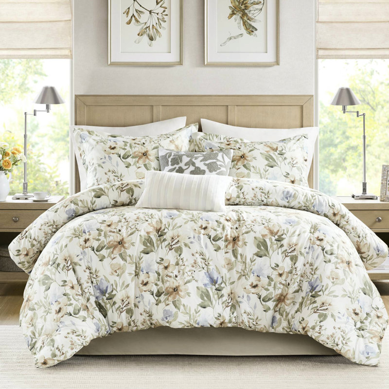 Édredon surdimensionné en coton pour très grand lit 6 pièces avec motif floral rafraîchissant, tissu 100% naturel pour plus de douceur, rembourrage de 300 g / m², design à long terme Bartack, coussins décoratifs, broderie exquise,