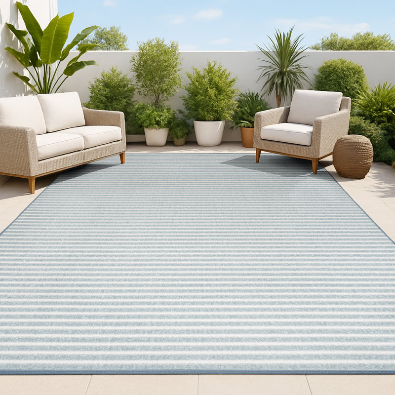 Ryansh High-Low Minimalist Scandi Striped Blue/Ivory Indoor/Outdoor Rug, Rectangle 5'3" x 7'7"
