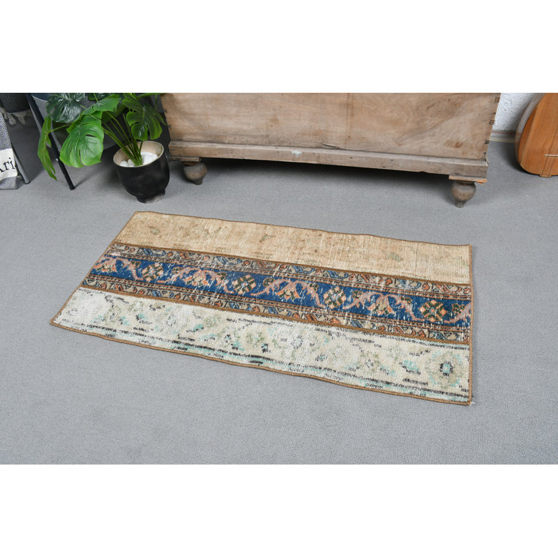 Hand-Tufted Beige Oriental Door Mat: Vintage Turkish Oushak Patchwork Rug for Kitchen Entry Brown/Beige
