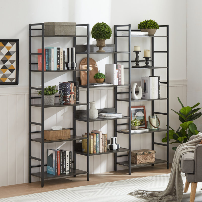 Triple Wide 5-Shelf Bookshelves Industrial Retro Wooden Style Home And Office Large Open Bookshelves, 69.3W X 11.8D X 70.1H