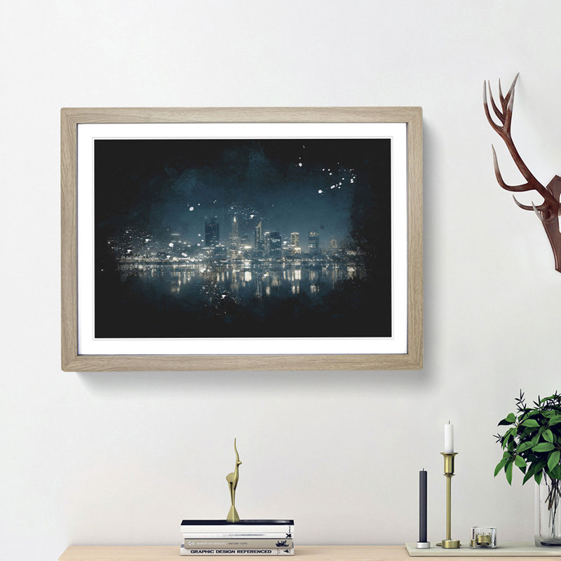 Perth City Skyline Australia at Night - Picture Frame Graphic Art Print, 24cm H x 33cm W x 2cm D, Oak Framed