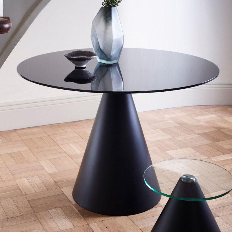 Bedminster Round Glass Top Metal Base Dining Table, Black, Black, 72.8cm H x 80cm W x 80cm L