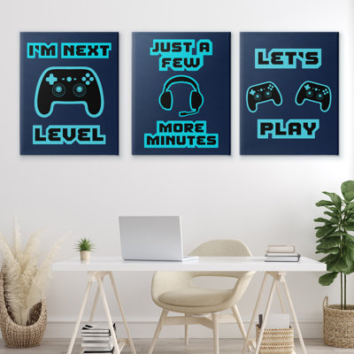 Ensemble de 3 toiles rétro avec mots de jeu bleus, design par Marcus Prime